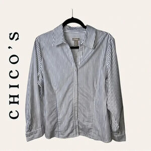 0749.‎ CHICO’S LONG SLEEVE BUTTON DOWN TOP STRIPES V NECKLINE SIZE 2 IN CHICO’S